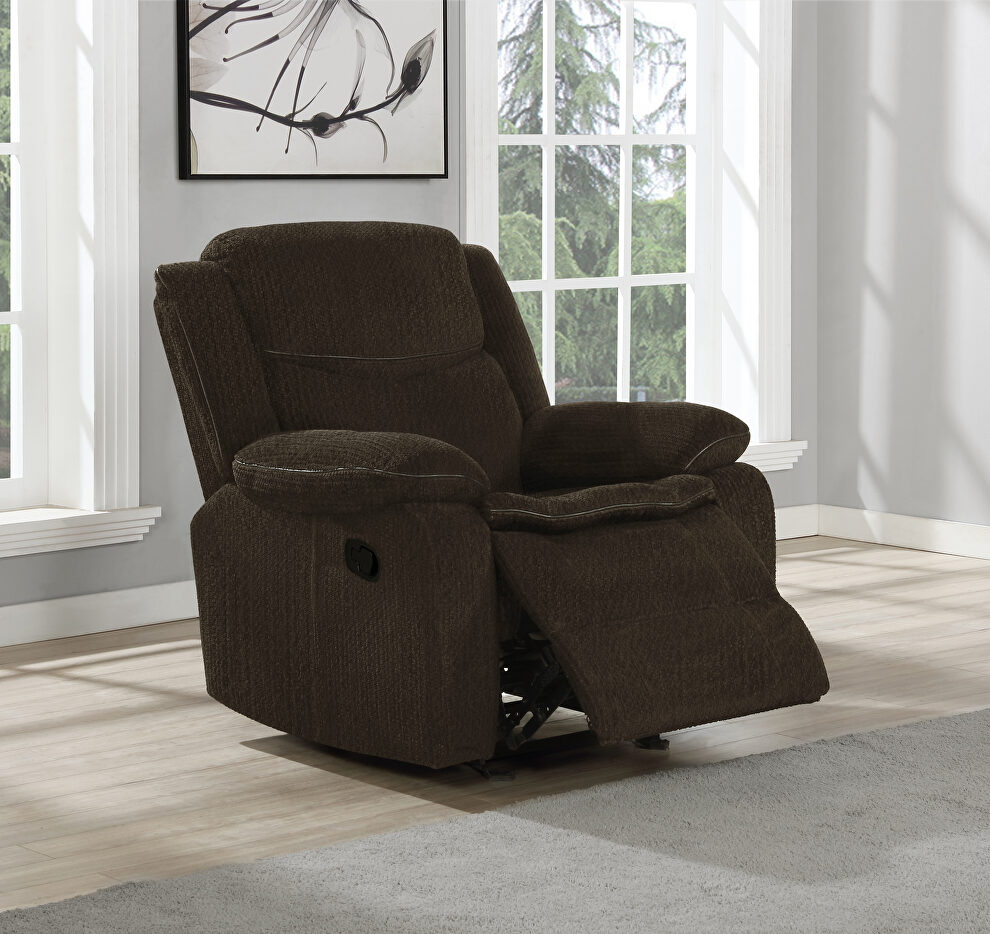 Glider recliner upholstered in brown performance-grade chenille by Coaster