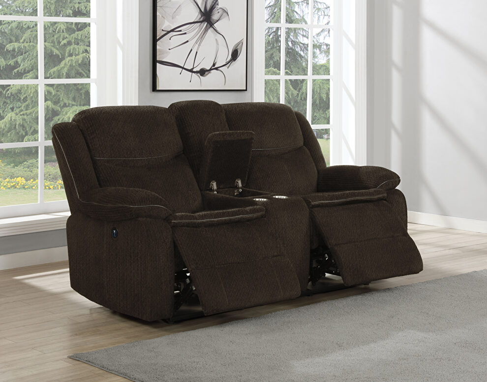 Motion loveseat upholstered in brown performance-grade chenille by Coaster