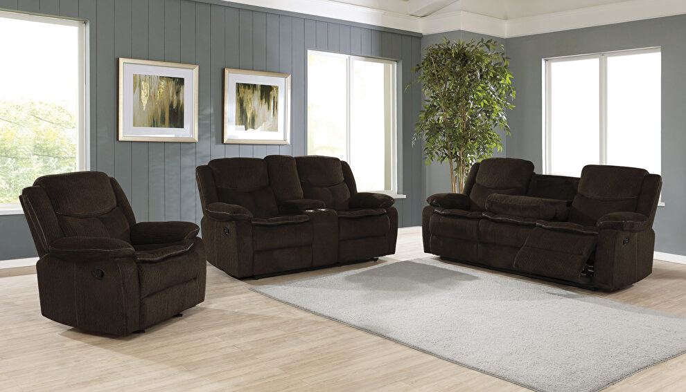 Motion sofa upholstered in brown performance-grade chenille by Coaster