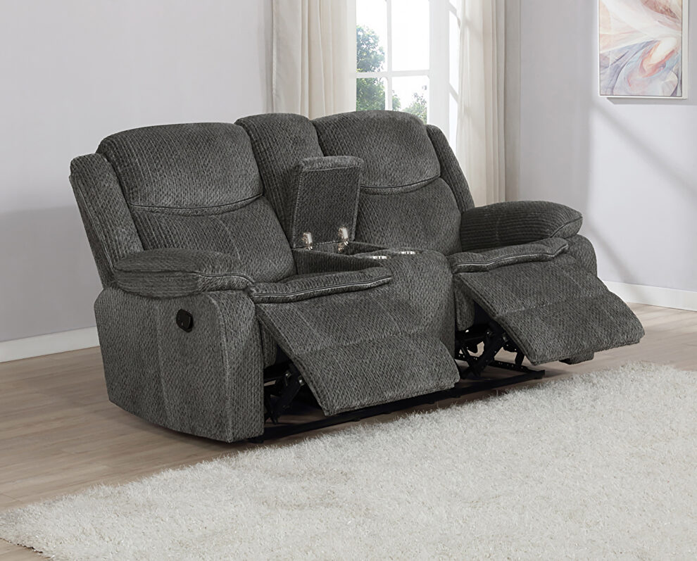 Motion loveseat upholstered in charcoal performance-grade chenille by Coaster