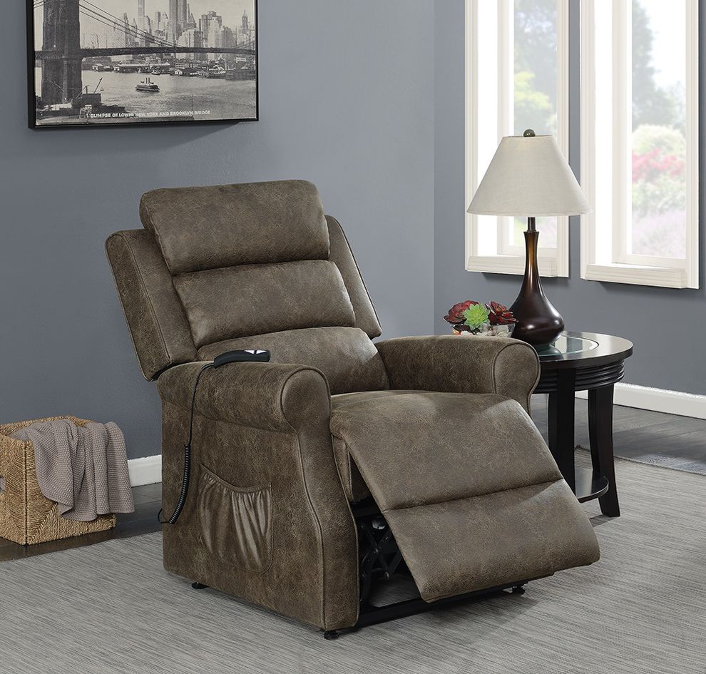 Casual brown power lift overstuffed comfy recliner by Coaster