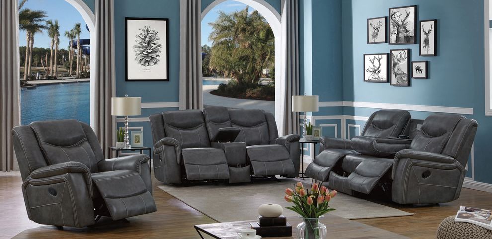 Transitional gray leatherette motion sofa by Coaster