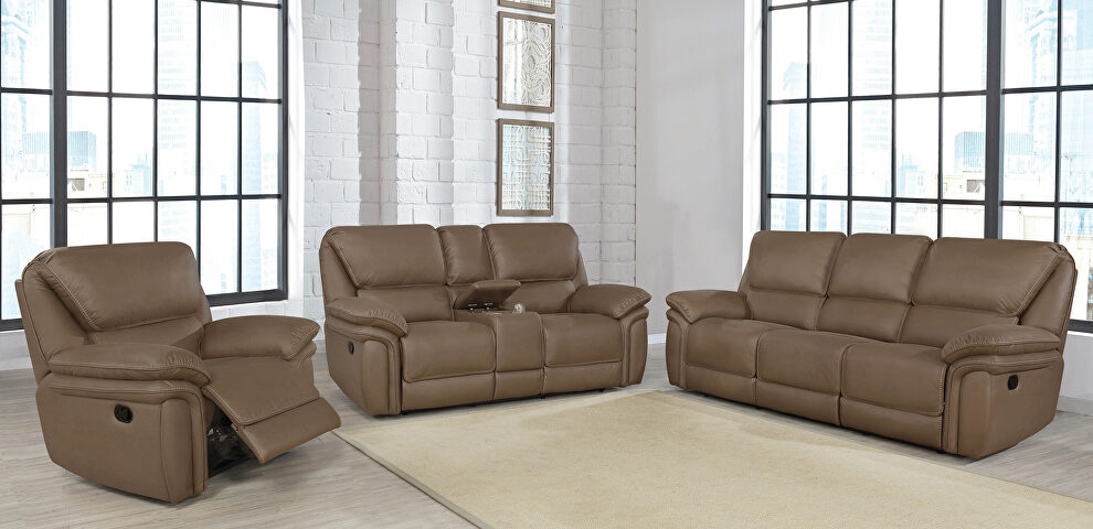 Motion sofa upholstered in mocha brown performance-grade coated microfiber by Coaster
