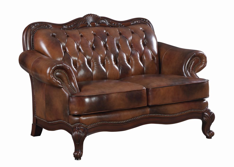 Classic top grain warm brown leather loveseat by Coaster
