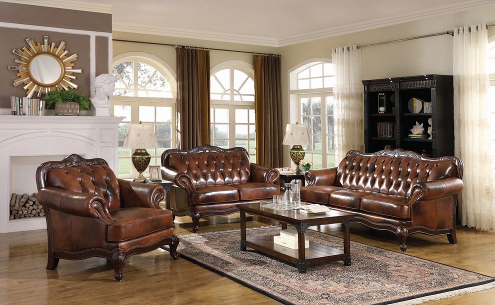 Classic top grain warm brown leather sofa by Coaster