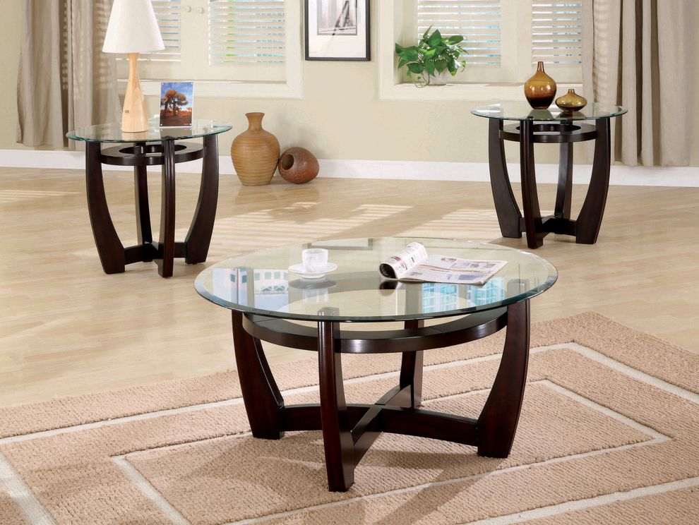 Round glass / wood base 3pcs cocktail table set by Coaster