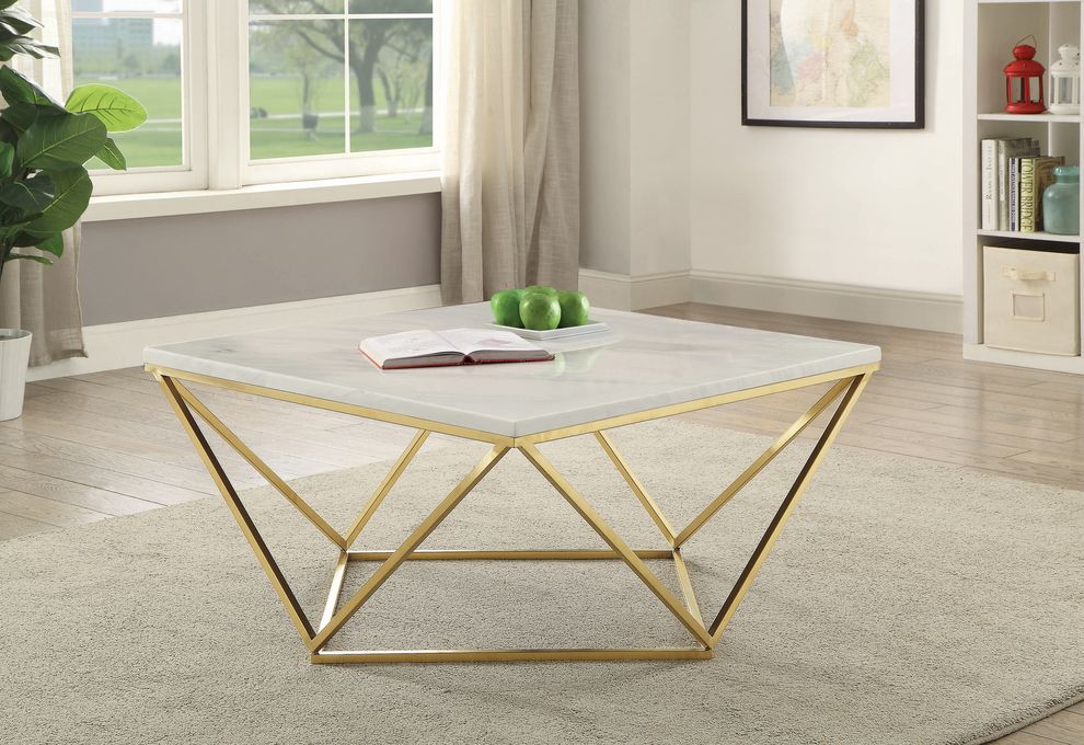 Modern gold coffee table w/ white faux marble top by Coaster