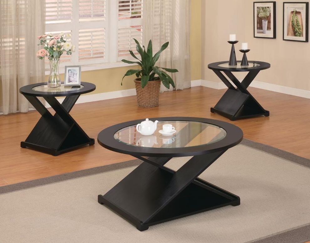 Black oak / glass top round 3 pcs coffee table set by Coaster