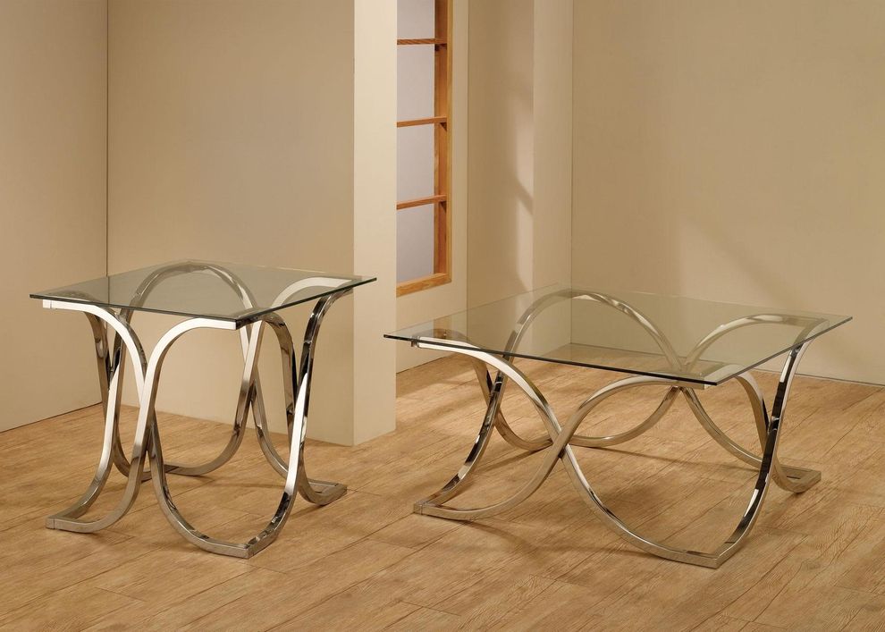 Tempered glass top / curved chrome base coffee table by Coaster