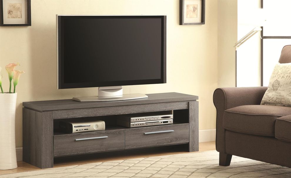 Gray weathered wood modern TV console by Coaster