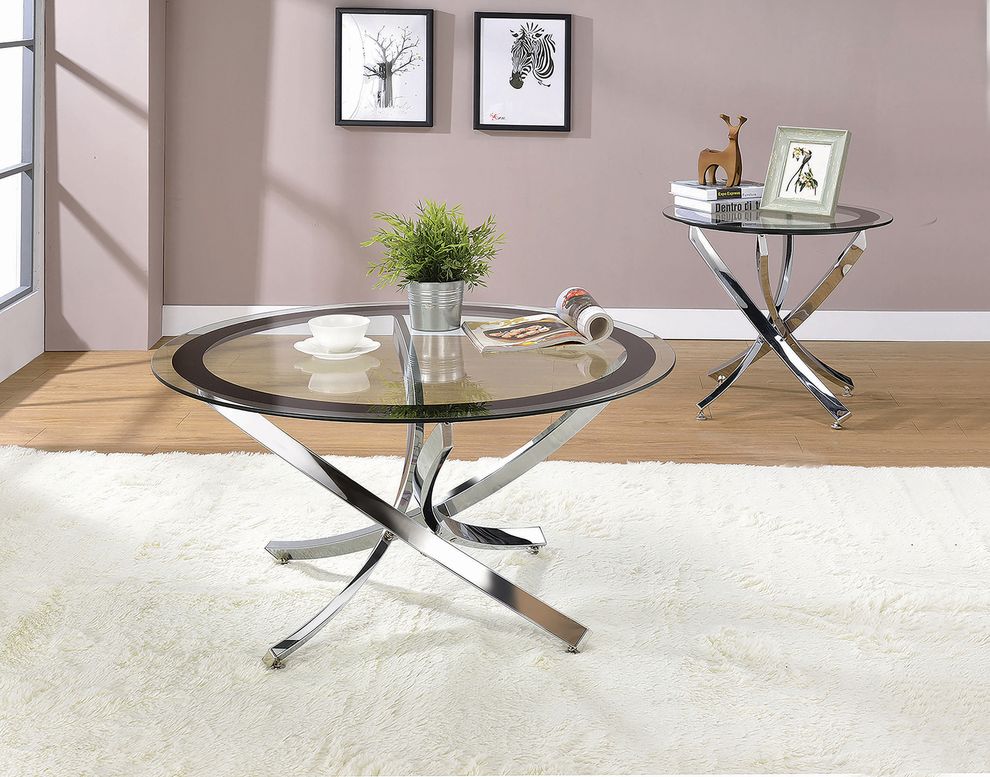 Round glass cocktail table x-shaped chrome legs by Coaster
