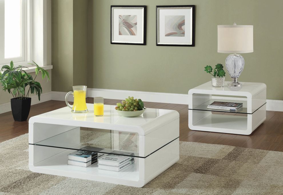 White high gloss coffee table with glass divider by Coaster