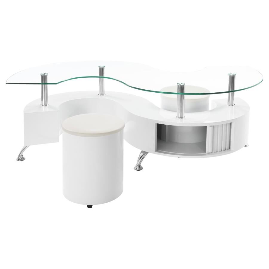 Curved glass top coffee table with stools white high gloss by Coaster