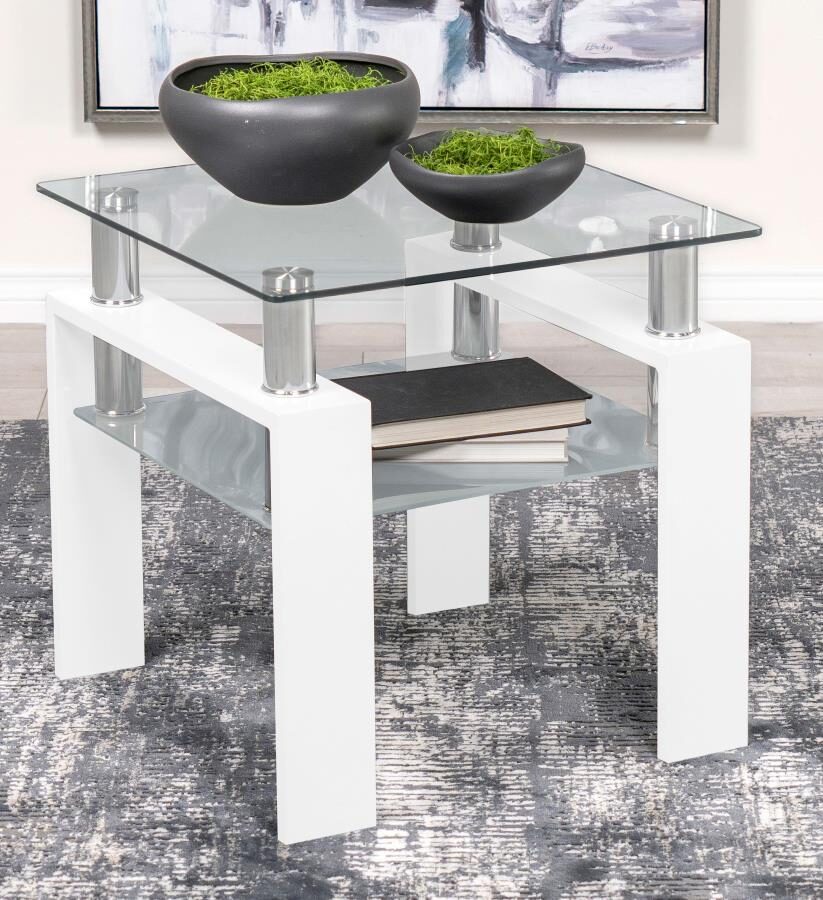 Square glass top end table with shelf white by Coaster