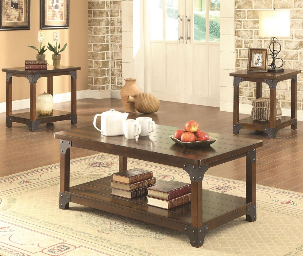 Tobacco brown wood 3pcs coffee table set by Coaster