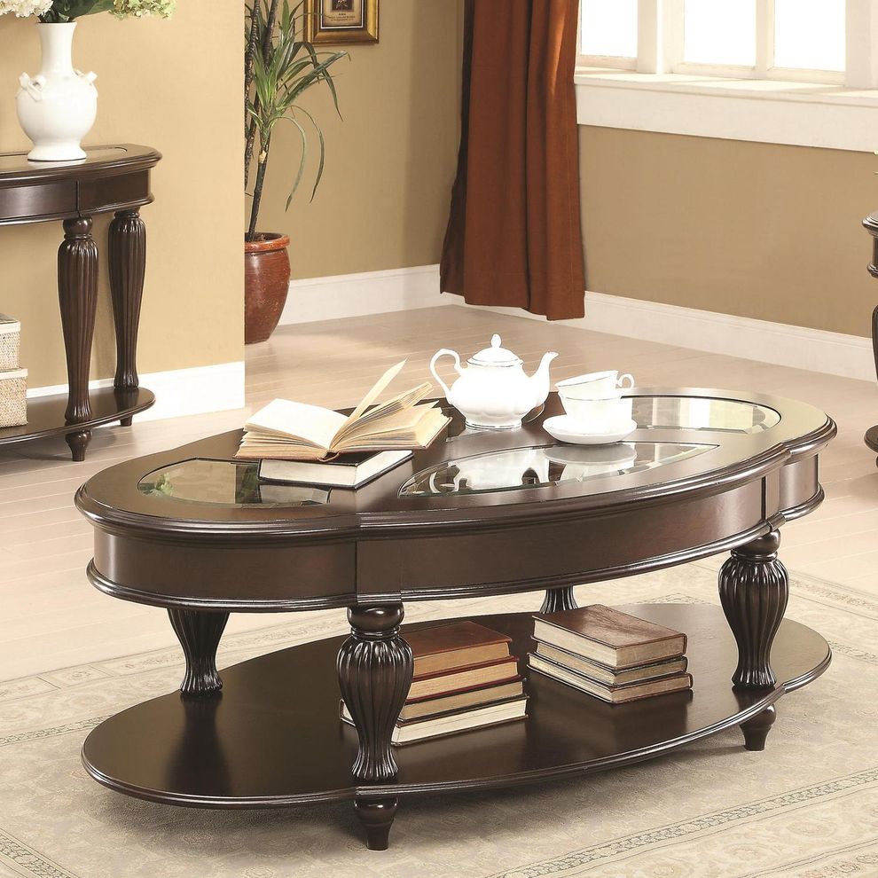Elliptical shape coffee table w/ glass inlay by Coaster