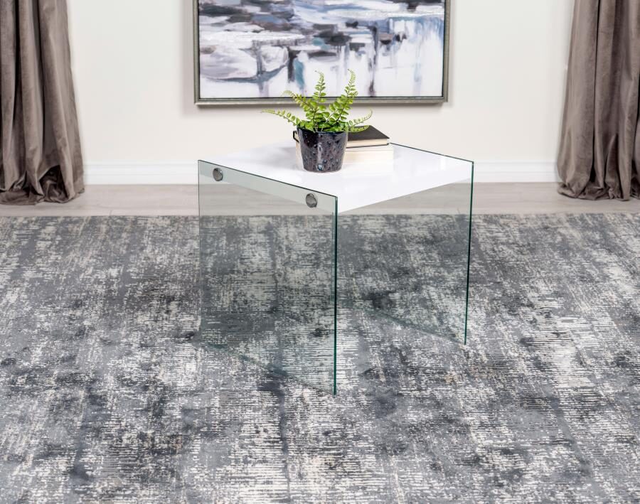 Square end table with clear glass legs white high gloss by Coaster
