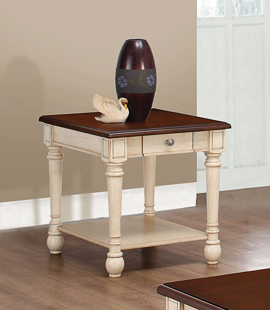 Transitional dark brown/antique white end table by Coaster
