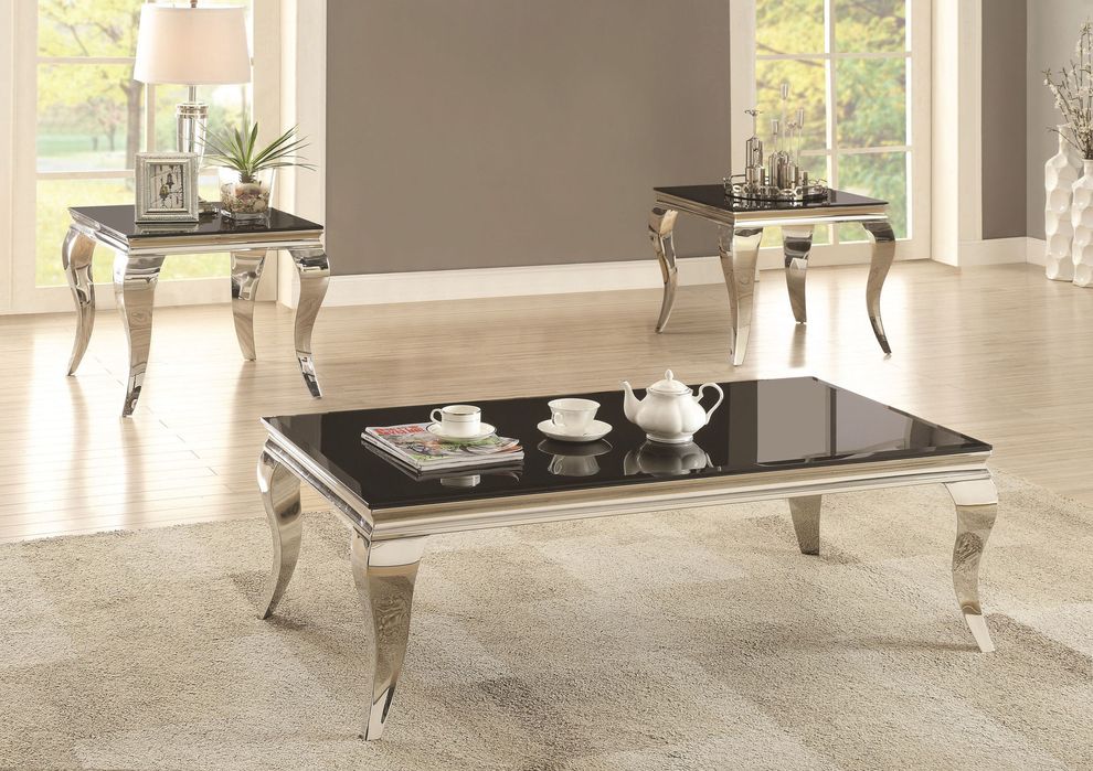 Contemporary chrome & black glass top coffee table by Coaster