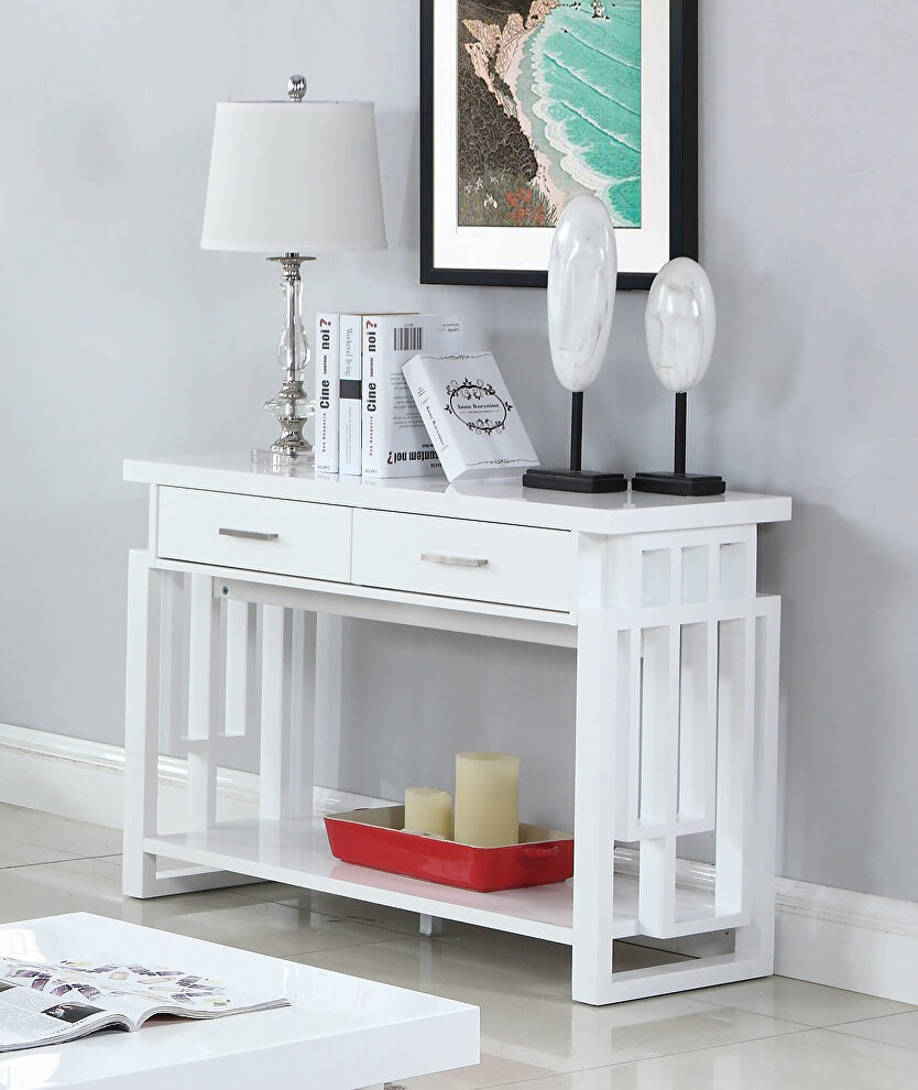Transitional glossy white sofa table by Coaster