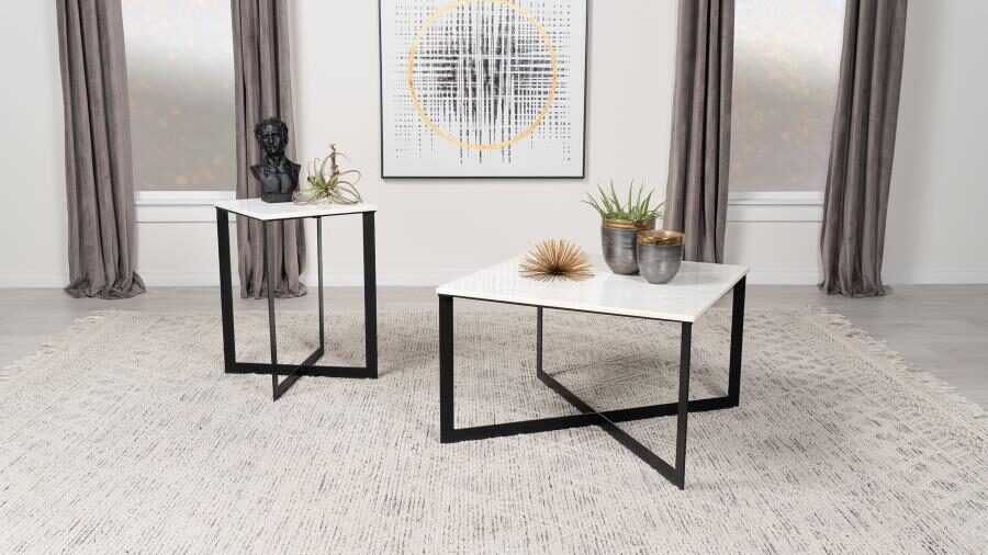 Square marble top coffee table white and black by Coaster