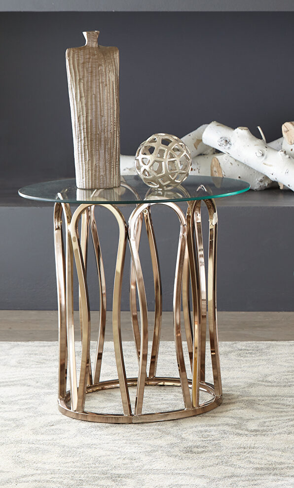 Round glass top / brass base end table by Coaster