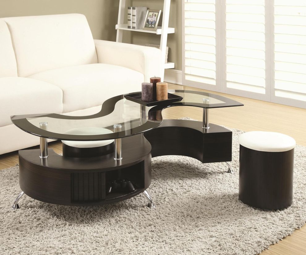 S-shape glass coffee table w/ 2 ottomans by Coaster