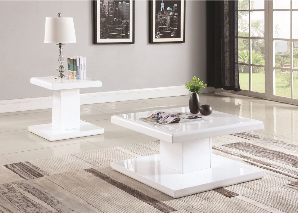Glossy white modern coffee table with rounded sides by Coaster