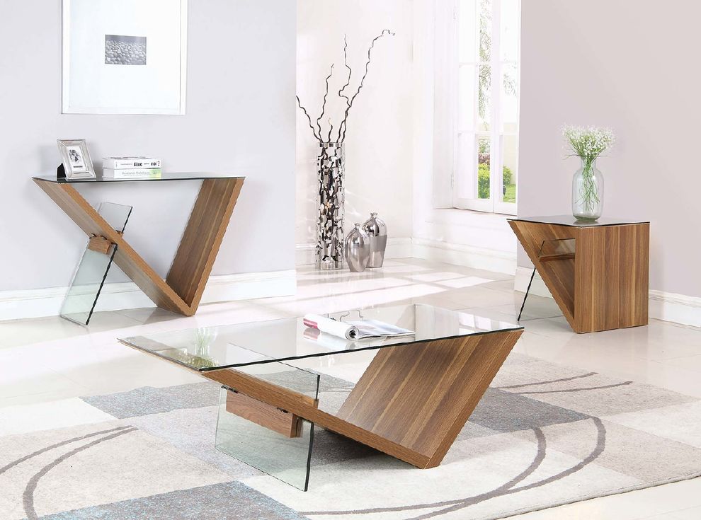 Natural light walnut / glass V-shape base coffee table by Coaster