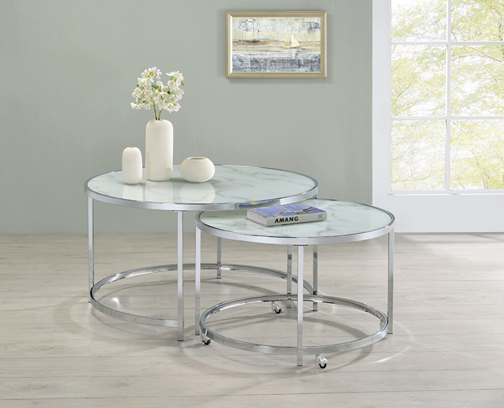 2-piece round nesting table white and chrome by Coaster