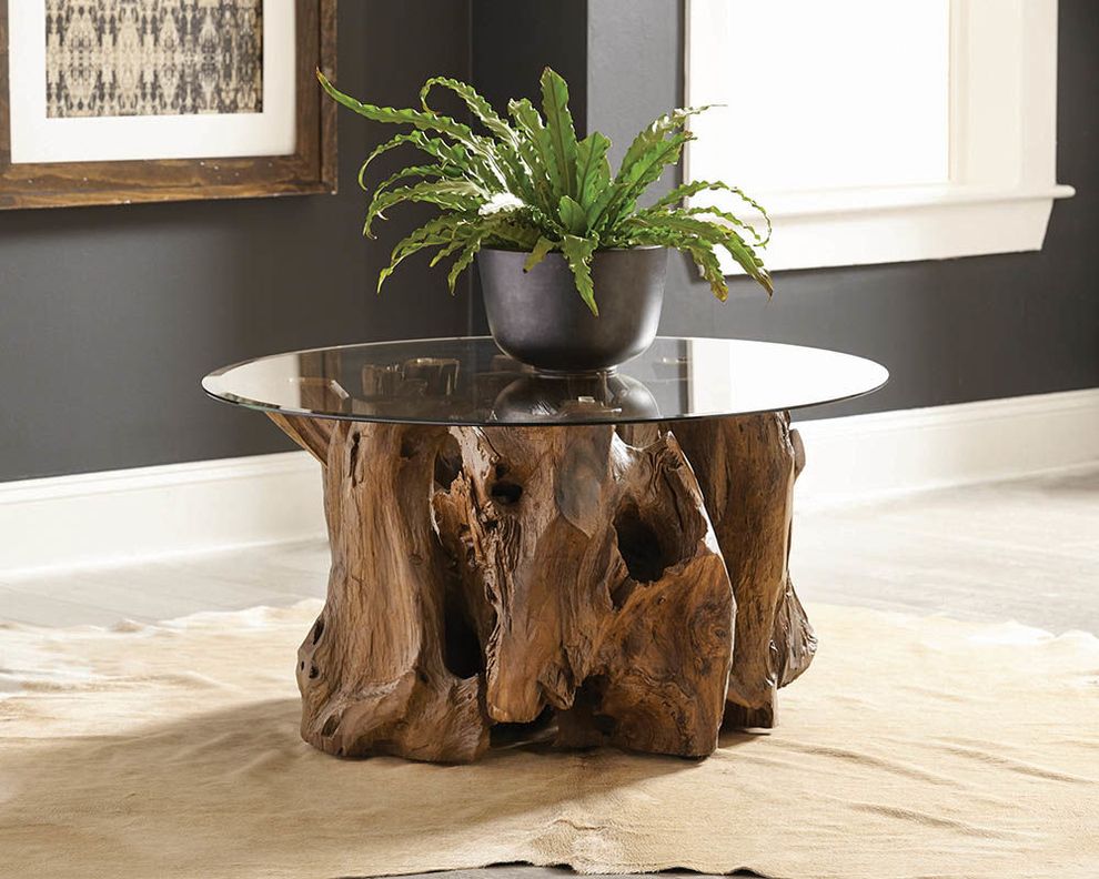 Rustic teak root / glass top coffee table by Coaster