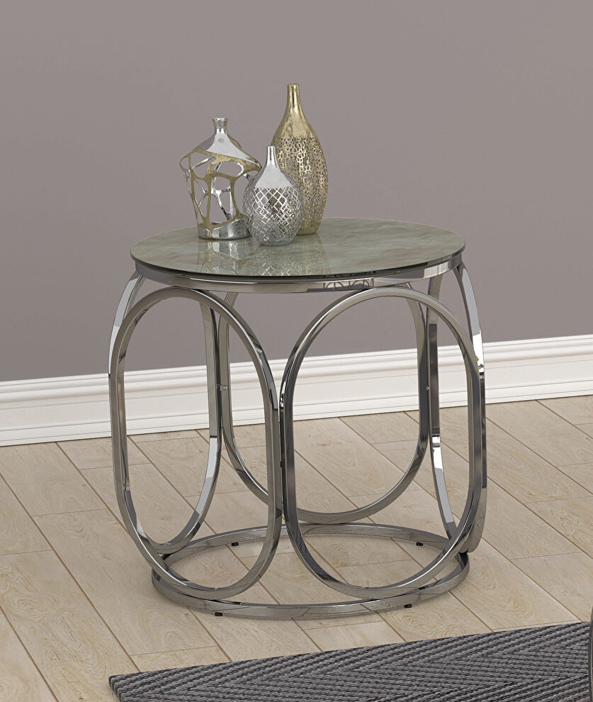 Beige printed marble circle glass top end table by Coaster