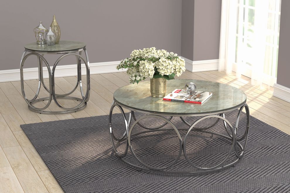 Beige printed marble circle glass top coffee table by Coaster