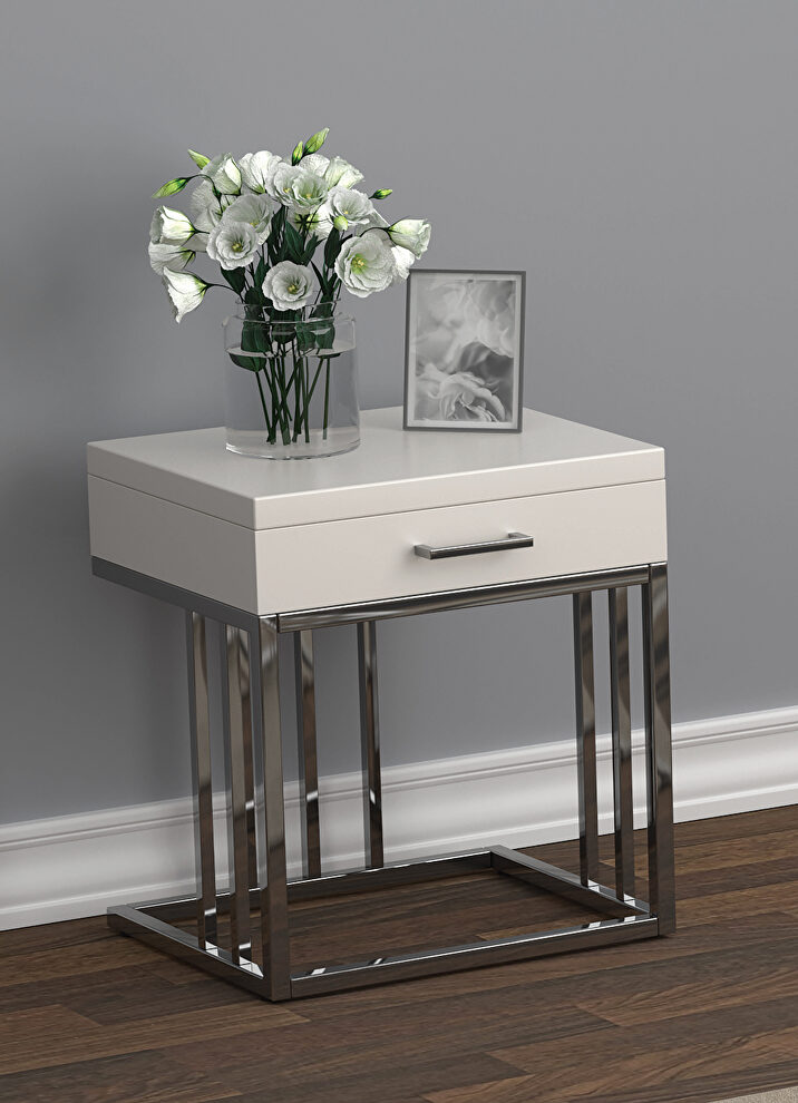 White / chrome  end table by Coaster