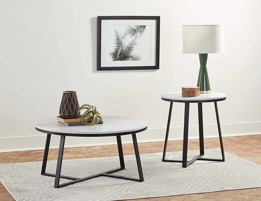 Eye-catching faux marble tops with matte black metal base coffee table by Coaster