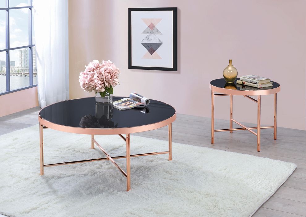 Rose gold / black glass top coffee table by Coaster