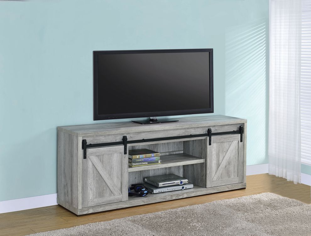 71-inch farmstyle TV console in gray driftwood by Coaster