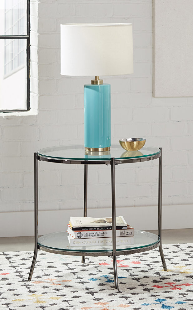 Round glass top and shelf design accented end table by Coaster