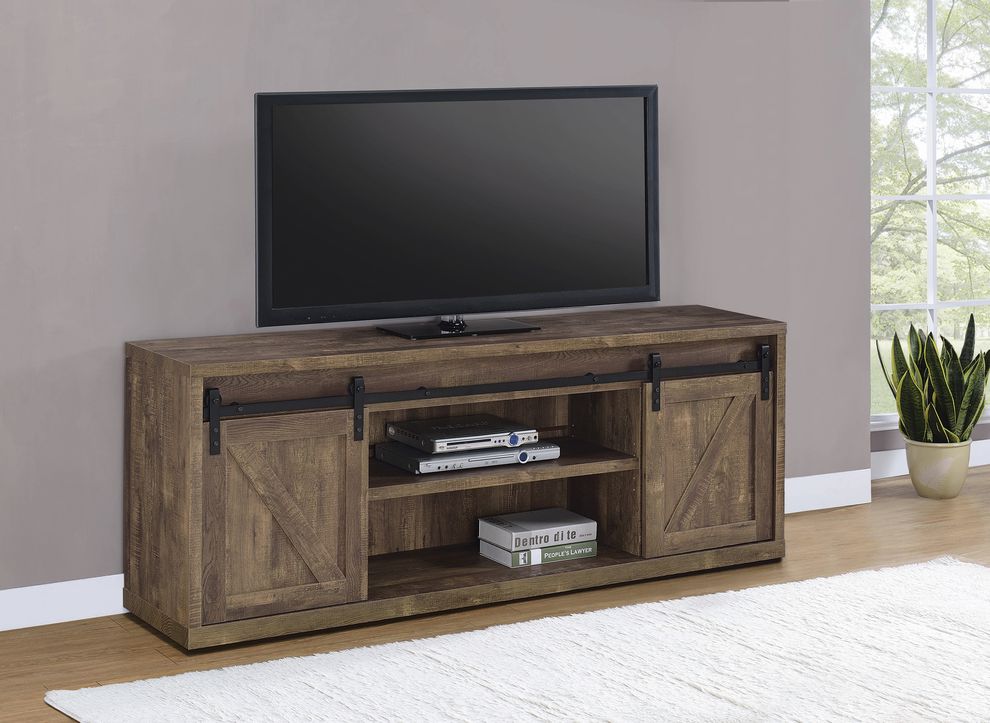 71-inch farm style TV console in rustic oak driftwood by Coaster