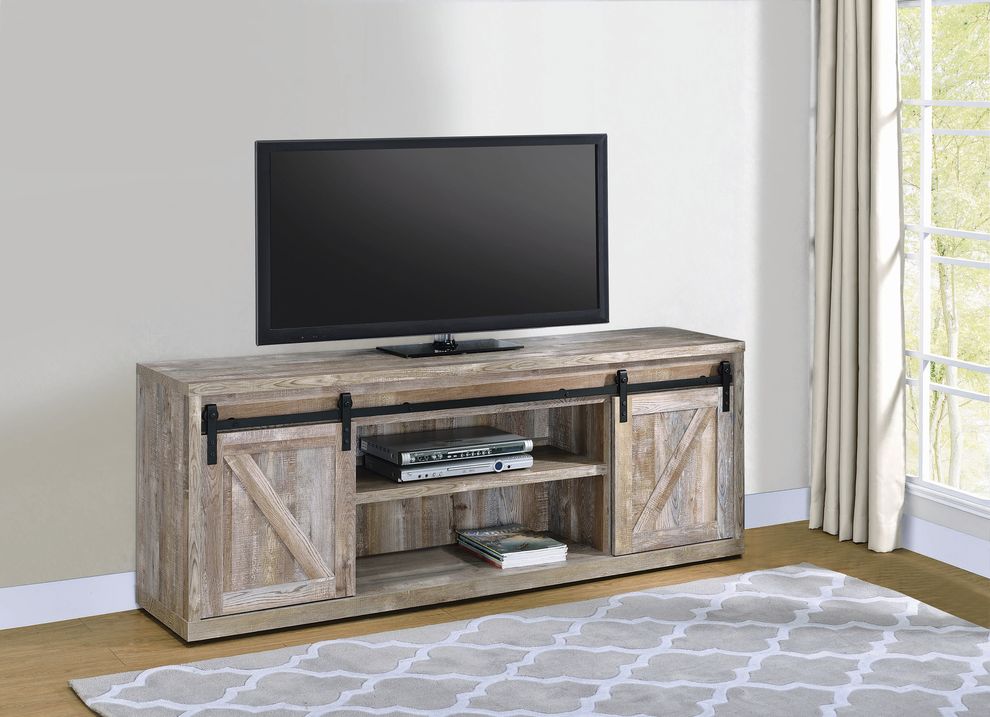 71-inch farm style TV console in weathered oak driftwood by Coaster