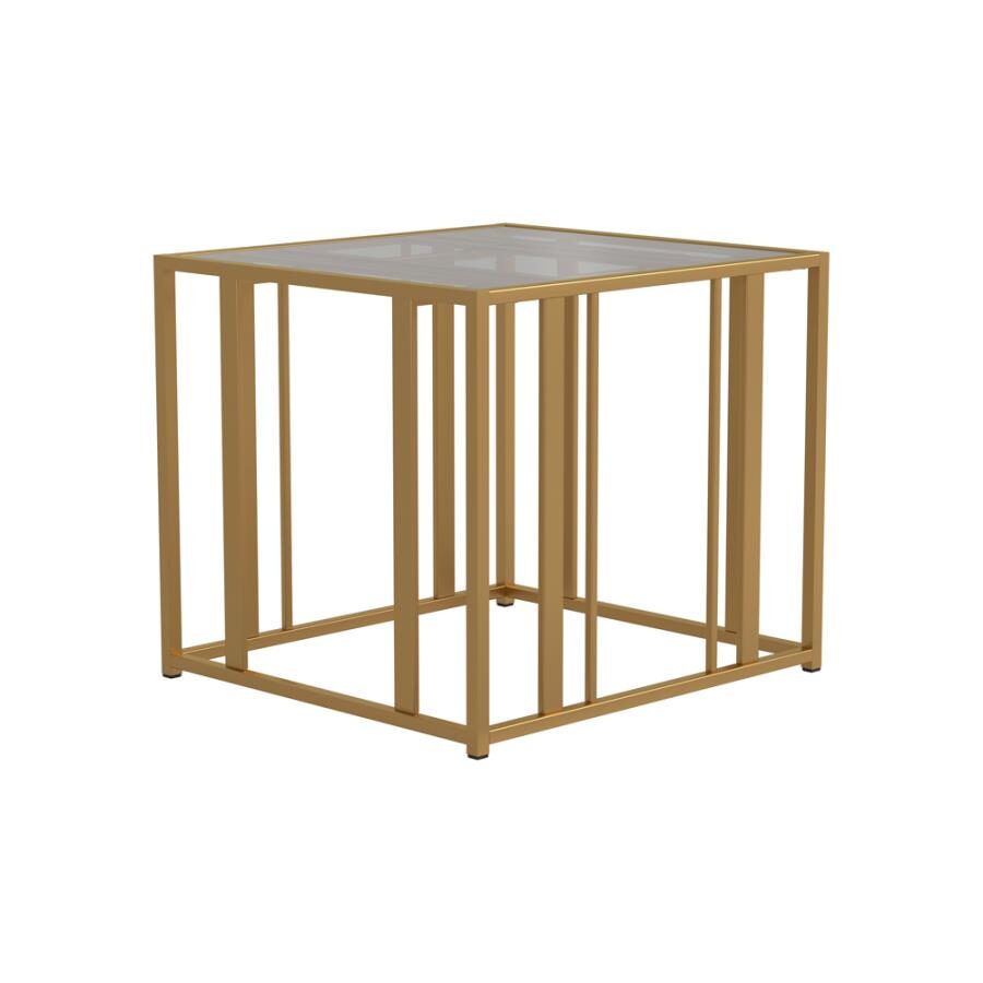 Glass top / brass metal legs end table by Coaster