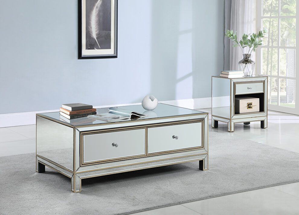Coffee table mirrored drawers framed with a soft champagne gold finish by Coaster