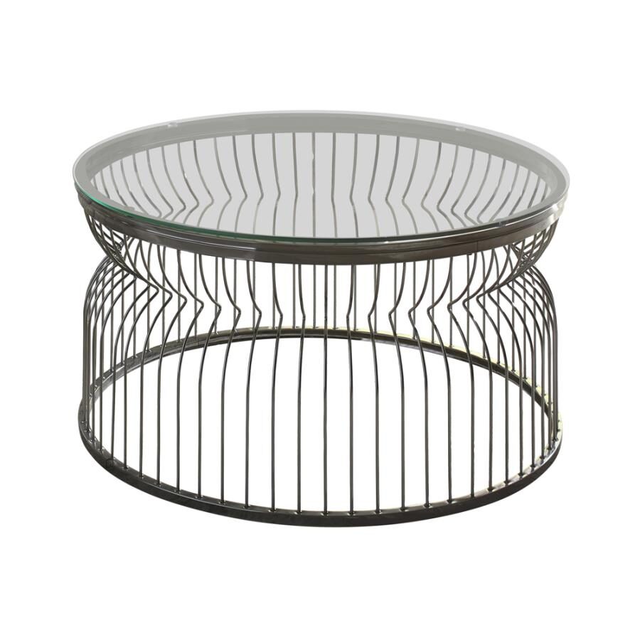 Sculptural base and round glass top coffee table by Coaster
