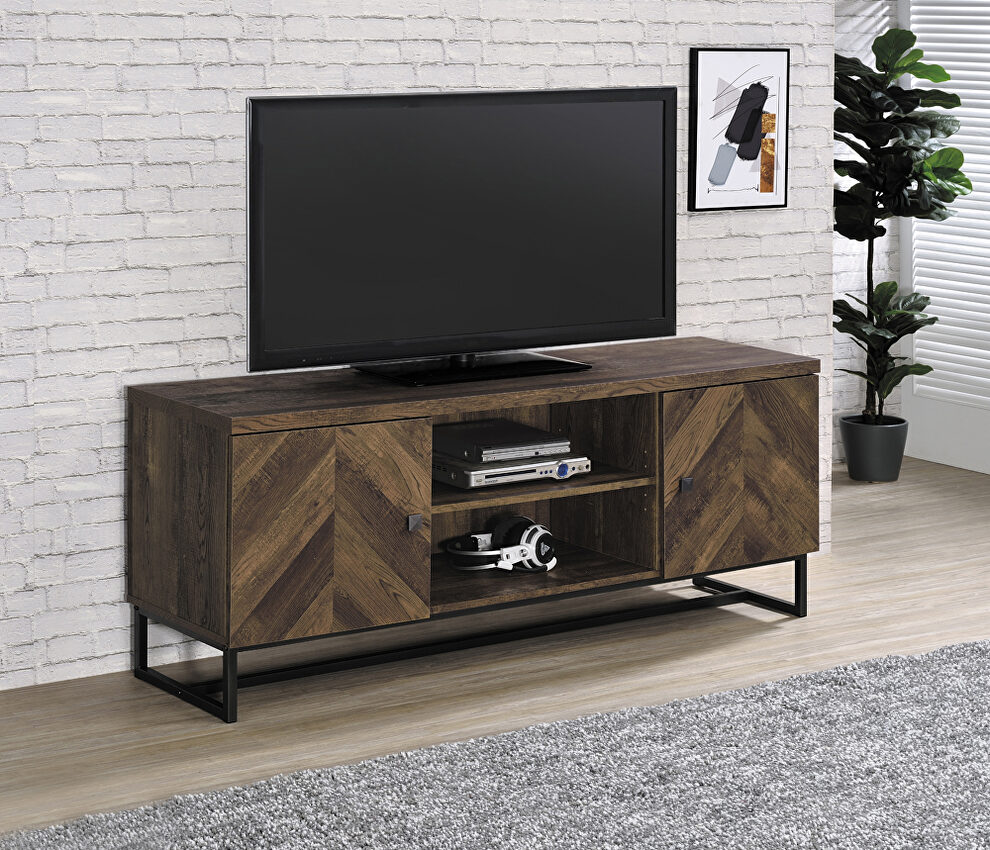 Rustic oak herringbone finish 2-door TV console with adjustable shelves by Coaster