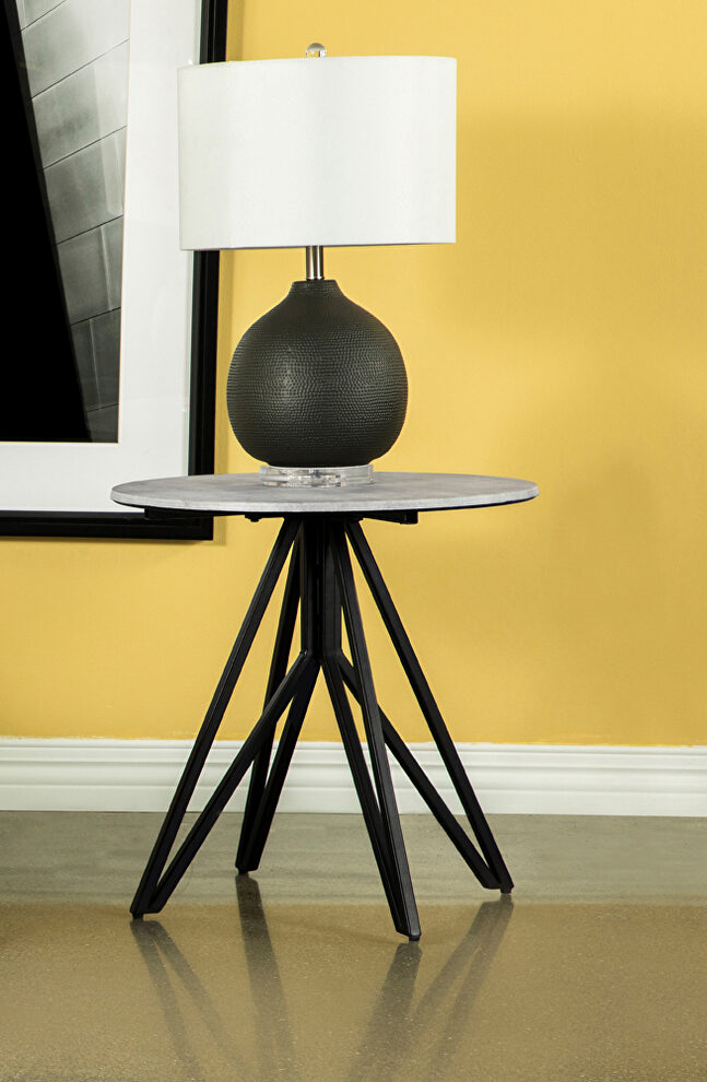 Cement gunmetal finish round end table with hairpin legs by Coaster