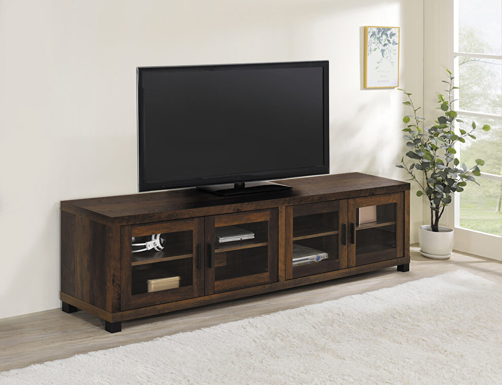Dark pine finish rectangular TV console with glass doors by Coaster