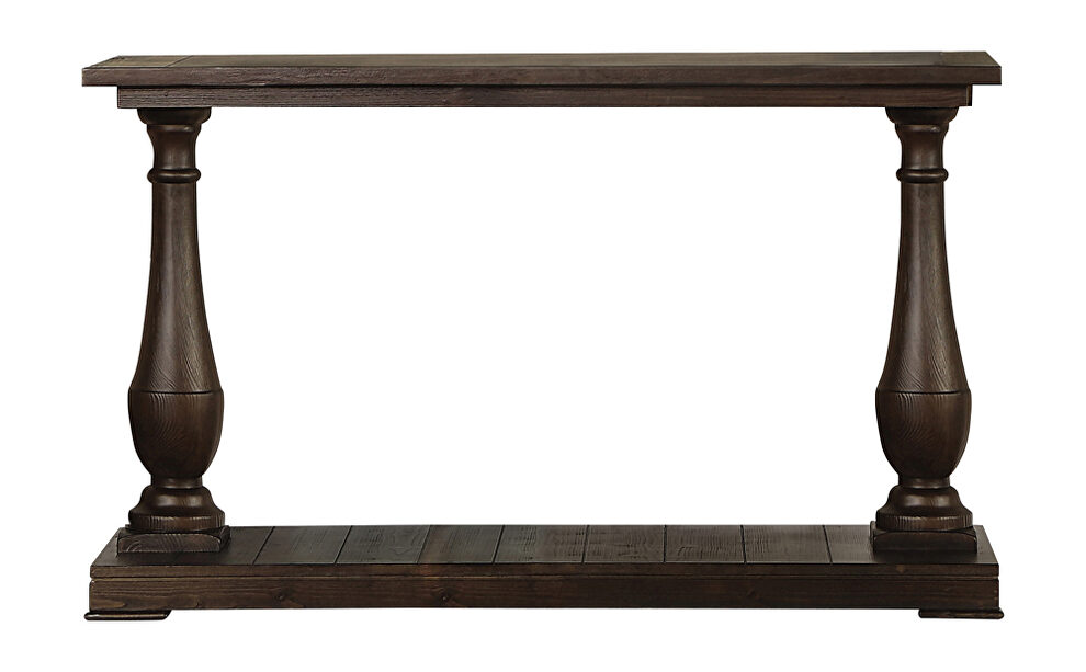Coffee finish rectangular sofa table with turned legs and floor shelf by Coaster