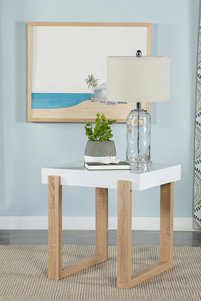White high gloss top and natural finish sled base end table by Coaster