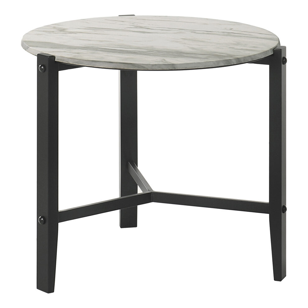 Faux white marble top and black legs round end table by Coaster