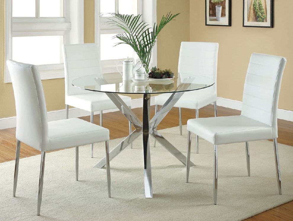 Modern dining table w/ round glass top and x chrome base by Coaster